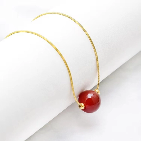 Collana Con Perla In Agata Rossa Acciaio Al Titanio Catena A Serpente Placcata Oro Gioielli Eleganti Portafortuna Donna