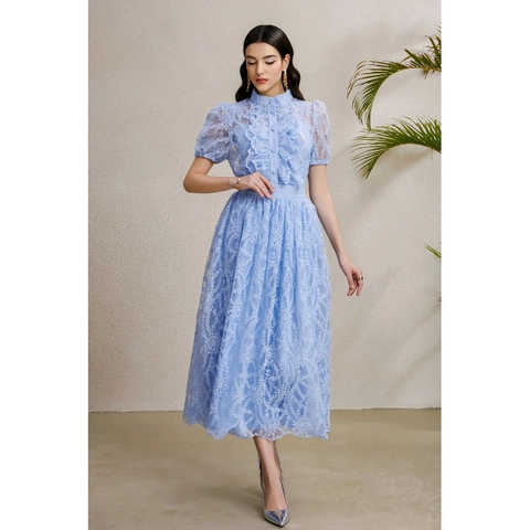 Ensemble Jupe Femme Dentelle Chemisier Et Jupe Col Montant Volants Manches Bouffantes Élégant Bleu Ciel Vacances
