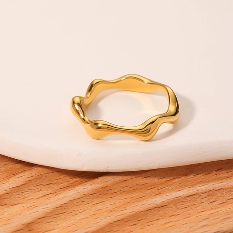Wave Geometric Ring Stainless Steel High Polish Irregular Minimalist Jewelry For Women Gold Tone