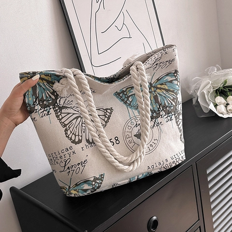 Women Canvas Tote Bag With Thick Rope Handles Large Capacity Printed Shoulder Bag For Beach Casual Vacation