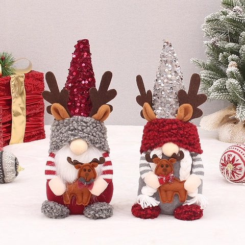 Decorazione Gnomo di Natale con Paillettes Cappello Rosso Argento Bambola Renna Senza Volto Ornamento Peluche Casa Festa
