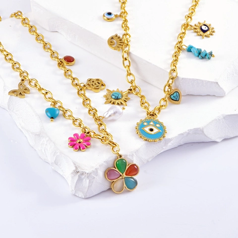 Collana Boema in Acciaio Inossidabile Vintage Francese con Pendenti Multipli da Donna Placcata in Oro Smalto Malocchio Farfalla Perla Artificiale Gioielli