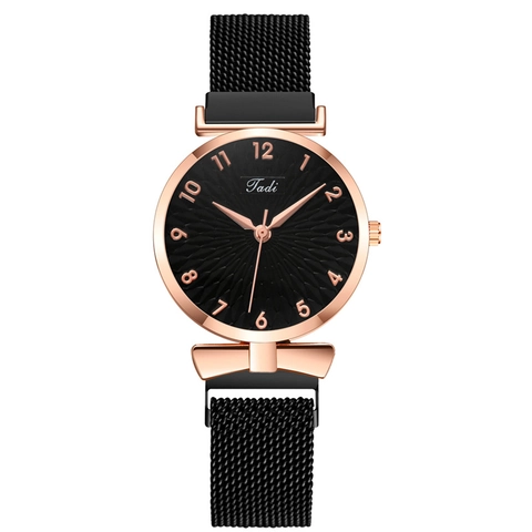 Women Fashion Magnetic Mesh Band Quartz Watch 3D Textured Dial Arabic Numerals Milanese Strap Casual Ladies Analog Wristwatch