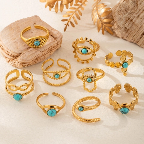 Anello Vintage in Acciaio Inossidabile con Pietra Naturale Placcato Oro Anello Aperto Regolabile Malocchio Mano di Fatima Teschio Serpente Gioielli Boho