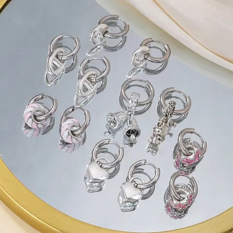 French Romantic Stainless Steel Hoop Earrings For Women Fashion Geometric Non-Fading Enamel Sakura Flower Rhinestone Ear Jewelry