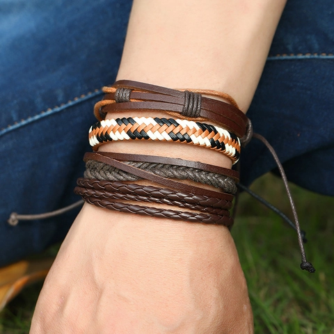 Vintage Gevlochten Leren Armband Set Punk Boheems Gelaagde Wikkelarmband Voor Dames Heren Retro Mode Sieraden Accessoires