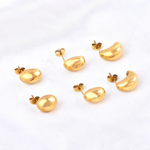 Polierte Edelstahl Stecker Ohrringe Vergoldet Mollige Wassertropfen Bohnenform Minimalistischer Geometrischer Schmuck