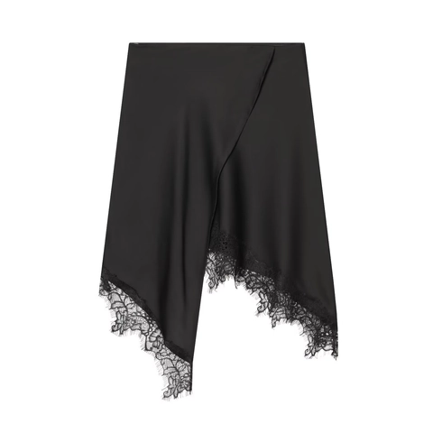 Satin Midi Skirt Asymmetric Lace Patchwork Black High Waist Irregular Hem Elegant Streetwear For Women
