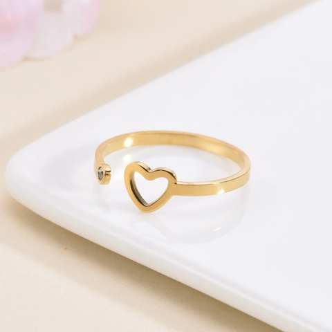 Hollow Heart Shaped Open Ring Titanium Steel Zircon Inlaid Adjustable Minimalist Fashion Jewelry For Women