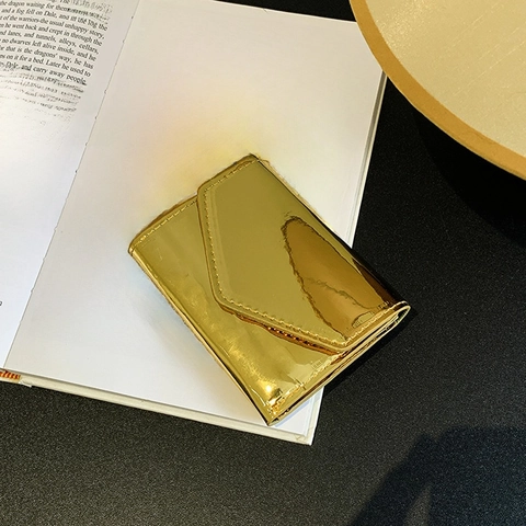 Portafoglio Piccolo Lucido Metallico Porta Carte Pelle PU Effetto Specchio Busta Patta A V Portatile Moda Donna