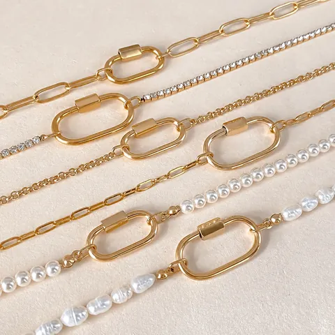 Stainless Steel Necklace With Oval Carabiner Clasp DIY Pendant For Women Gold Silver Plated Artificial Pearl Rhinestone Paperclip Chain Fashion Jewelry Gift