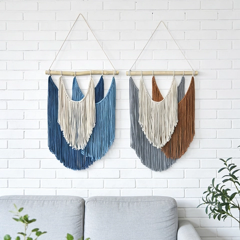 Arazzo Da Parete Macramè Corda Di Cotone Palo In Legno Frangia Con Nappe Boho Decorazioni Per La Casa Arte Murale Intrecciata A Mano