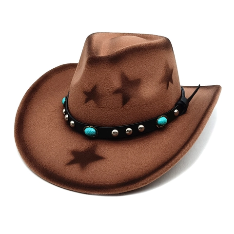 Western Cowboy Hat Cotton Polyester Felt Star Print Faux Leather Band Turquoise Rivet Retro Ethnic Style Unisex