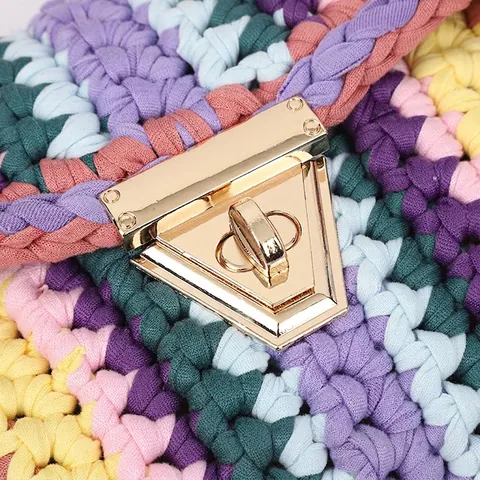 Handmade Crochet Crossbody Bag Polyester Colorful Stripe Metal Lock Chain Strap Tassel Bohemian Sweet Small Square Bag