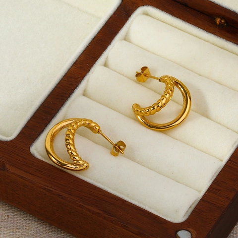 Double Layer C Shaped Stud Earrings 18K Gold Plated Stainless Steel Twisted Rope Geometric Fashion Jewelry For Women