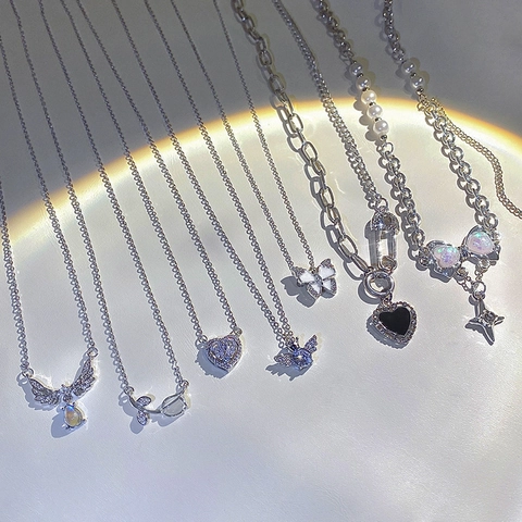 Titanium Steel Necklace For Women Elegant Korean Style Pendant With Cubic Zirconia Faux Artificial Pearl Butterfly Heart Dainty Jewelry