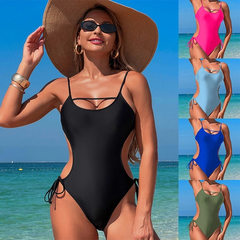 Women One Piece Swimsuit Sexy Cut Out Backless Monokini Tie Side Nylon Polyester Quick Dry Solid Color Beachwear Ladies