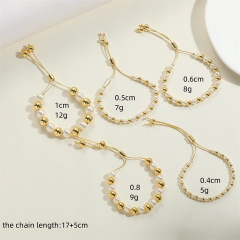 Elegant Women Bracelet Copper Gold Plated White ABS Artificial Pearl Adjustable Drawstring Bolo Clasp Minimalist Jewelry