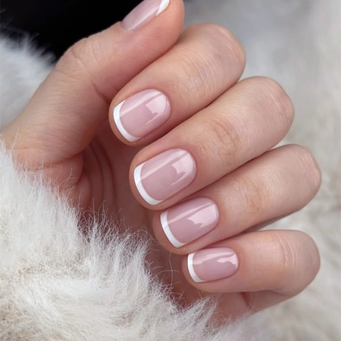 French Tip Press On Nägel Kurz Quadratisch Rund Glänzend Nude Pink Weiß Elegant Minimalistisch Künstliche Nägel