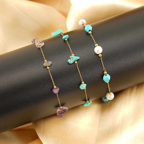 Bracelet 304 Stainless Steel 18K Gold Plated Natural Stone Artificial Pearl Sweet Beaded Jewelry Bohemian Style For Women