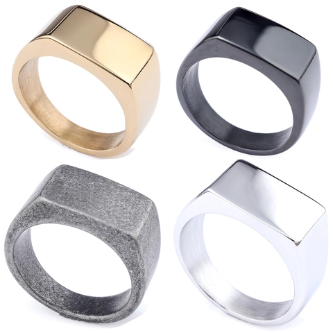 Anillo De Sello Cuadrado Acero Inoxidable Minimalista Parte Superior Plana Rectangular Pulido Joyas Moda Industrial Hombre