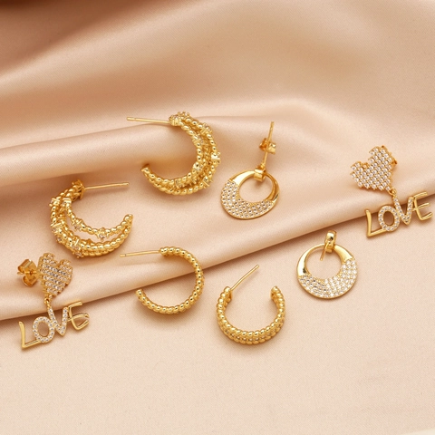 Fashion Earrings 18K Gold Plated Copper Zircon Heart LOVE Letter C Shaped Twisted Rope Geometric Jewelry For Women