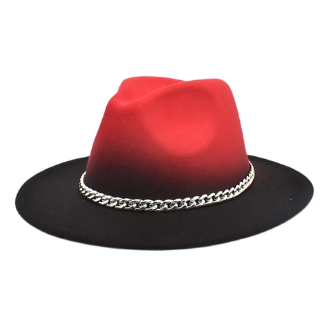 Fedora Hat Wide Brim Wool Felt Texture Gradient Color Patchwork With Metal Chain For Men Women Outdoor Jazz Style