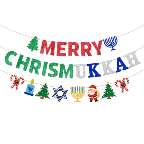 Merry Chrismukkah Banner Glitter Cardboard Garland Christmas Hanukkah Party Decoration Multi-Color Holiday Hanging Decor
