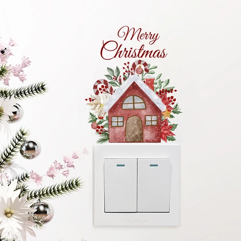 Merry Christmas Cottage Switch Sticker PVC Removable Wall Decal For Festive Home Room Decoration Snow House Ornament