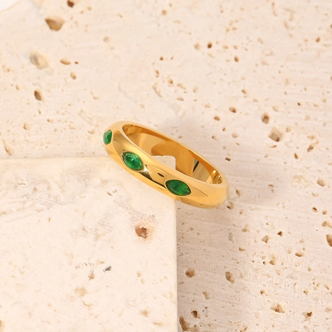 French Retro Emerald Green Marquise Zircon Stainless Steel Ring Minimalist Geometric Gold Plated Jewelry For Women