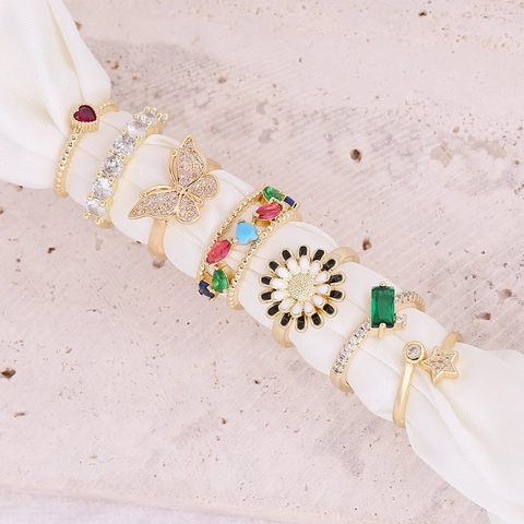Modieuze Verstelbare Koperen Ring Zirkoon Vlinder Madeliefje Hart Ster Bloem Sieraden Voor Vrouwen Elegante Charme
