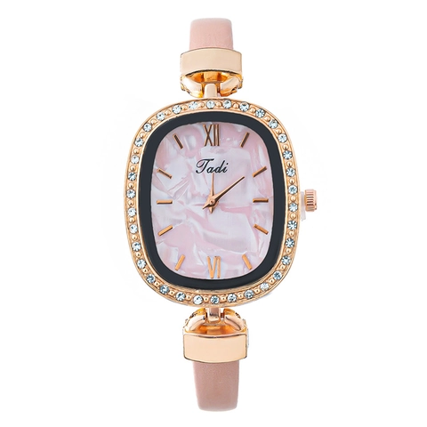 Women Quartz Watch Elegant Oval Alloy Case Rhinestone Bezel Marble Pattern Dial Faux Leather Strap Fashion Wristwatch
