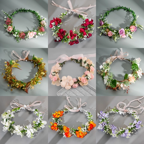 Floral Wreath Headband Handmade Cloth Flower Simulation Rose Adjustable Ribbon Bridal Wedding Party Photography Forest Style