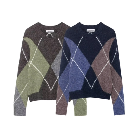 Vintage Argyle Strickpullover Damen Langarm Pullover Geometrisches Muster Retro Lässig Weich Warm Polyester Oberteil