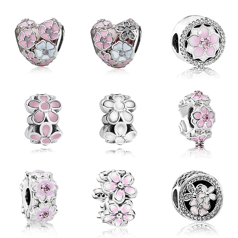 Flower Charm Beads Alloy Enamel Rhinestone Peach Blossom Magnolia For DIY Jewelry Making Bracelet Necklace Accessories