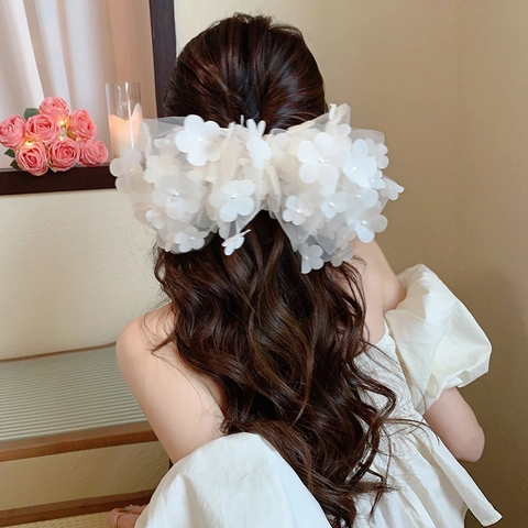 Fermaglio Per Capelli Con Maxi Fiocco In Rete Fiori In Tessuto 3D E Künstliche Perle Sintetiche Accessorio Elegante Per Capelli