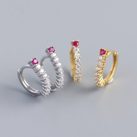 Boucles D'oreilles Huggie Hoop En Argent Sterling 925 Avec Rangée De Zircon Blanc Et Pierre Gemme Rouge Mode Pour Femmes