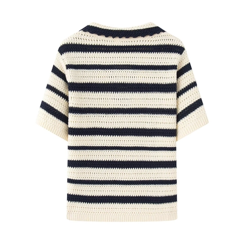 Women's Casual Striped Knitted Polo Shirt Short Sleeve V-Neck Hollow Out Crochet Sweater Top Summer Retro Knitwear