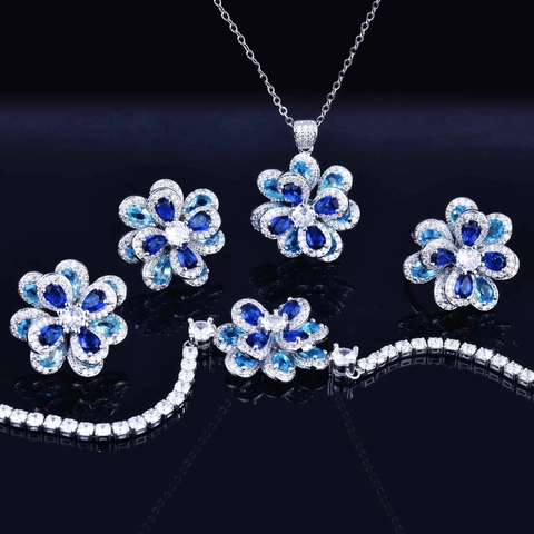 Camellia Flower Jewelry 925 Sterling Silver Earring Post Blue Zircon Necklace Earrings Bracelet Adjustable Ring Women