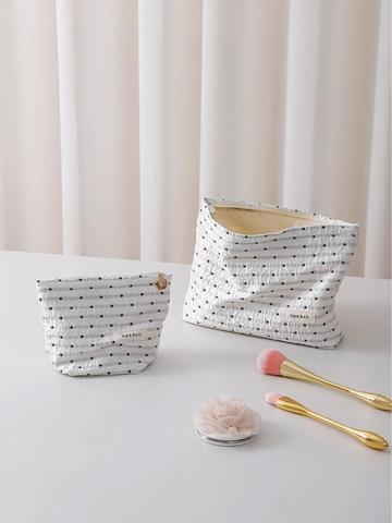 Polka Dot Makeup Bag Canvas Pleated Texture Portable Cosmetic Pouch Travel Toiletry Storage Organizer Large And Small