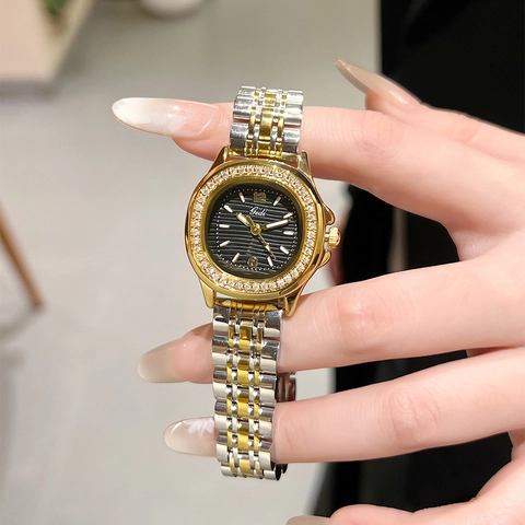 Women's Luxury Fashion Quartz Watch Rhinestone Set Bezel Stainless Steel Strap Waterproof Elegant Two Tone Wristwatch Gedi Female Business Dress Watch