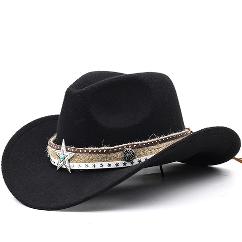 Western Cowboy Hat Polyester Felt Wide Curved Brim Bohemian Vintage Ethnic Metal Star Turquoise Rivet Decor For Men Women