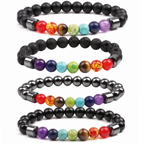 Chakra Healing Bracelet Natural Stone Lava Rock Hematite Beaded Elastic Yoga Meditation Jewelry For Men Women