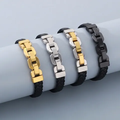 Bracciale In Pelle Intrecciata Da Uomo Acciaio Inossidabile Catena Da Moto Opaca Gioielli Punk Chiusura Magnetica