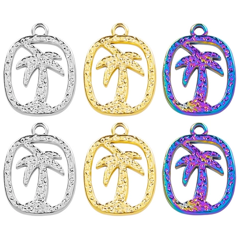 Palm Tree Pendant Charm 304 Stainless Steel Hammered Texture Oval Coconut Tree For DIY Jewelry Making Fashion Women