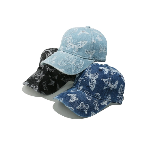 Butterfly Embroidery Denim Baseball Cap Sweet Cotton Curved Brim Adjustable Vintage Sun Hat Women