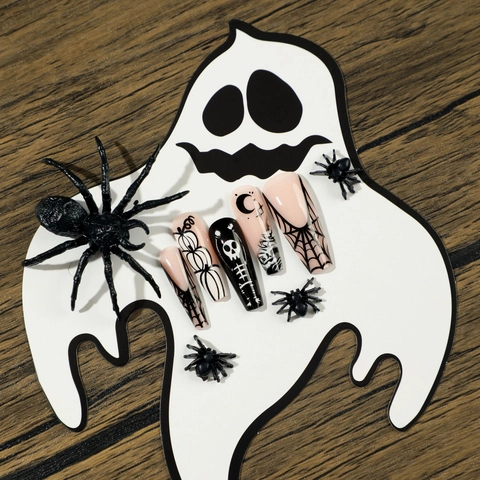 Unghie Finte Halloween Pressione Forma Bara Lunghe Motivi Ragnatela Teschio Zucca Luna Stelle Stile Gotico Scuro Donne