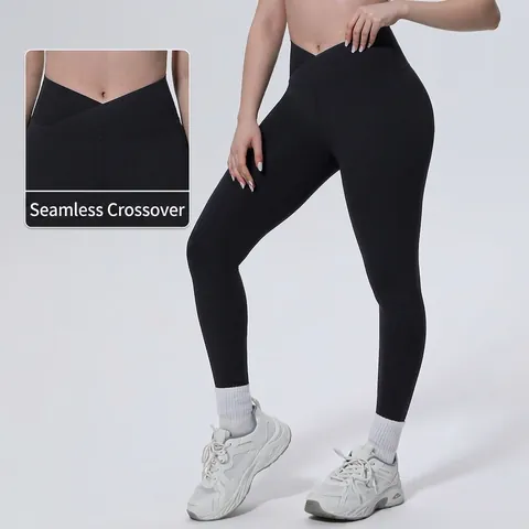 Leggings De Yoga Pour Femmes Sans Couture Taille Haute Taille En V Croisée Contrôle Du Ventre Nylon Spandex Pantalon De Sport