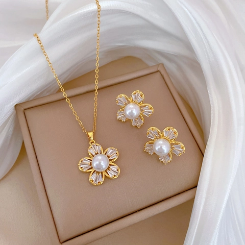 Five Petal Flower Necklace And Earrings Zirconia Artificial Pearl Titanium Steel Real Gold Plated Silver Earring Post Elegant Woman