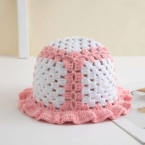 Handmade Crochet Knit Bucket Hat For Women Ruffle Trim Hollow Flower Pattern Sweet Color Block Fisherman Hat Warm Autumn Winter Cap